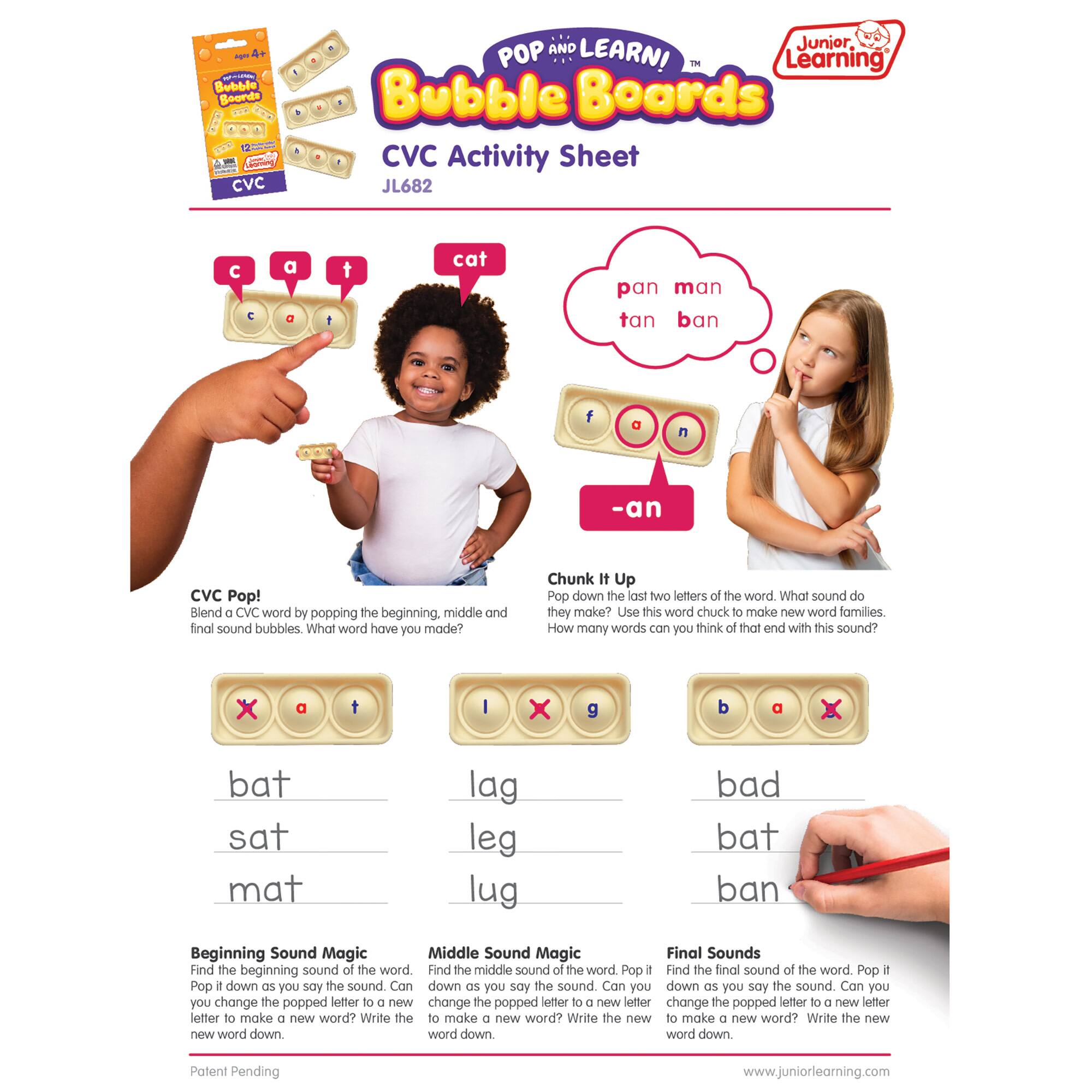 Junior Learning® Pop & Learn Bubble Boards CVC Interactive Phonics Pre-K to Grade 1 Game